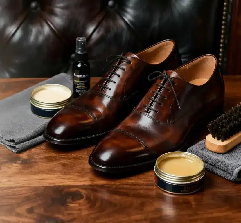 Close detail of formal leather shoe upper and welt after careful cleaning