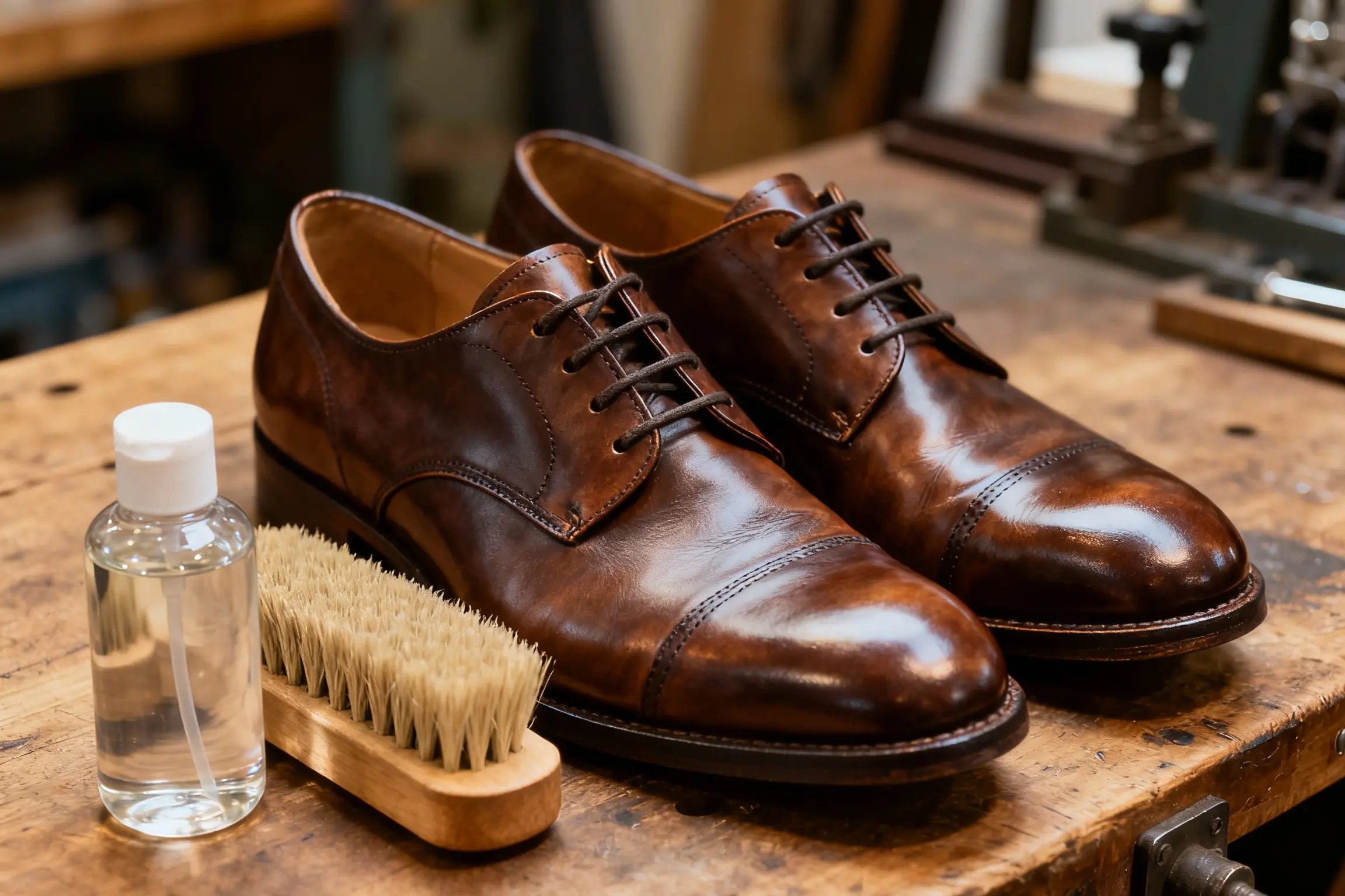 Professional shoe dry cleaning process protecting leather and suede texture