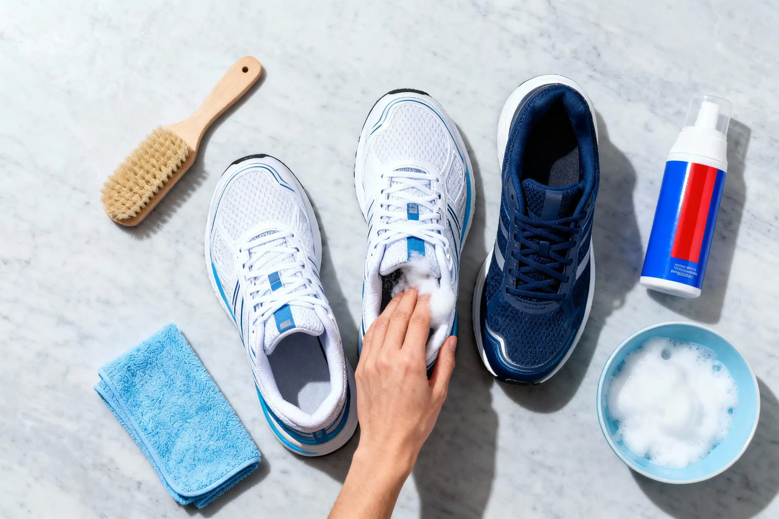 Pair of athletic trainers after gentle hand cleaning and air drying